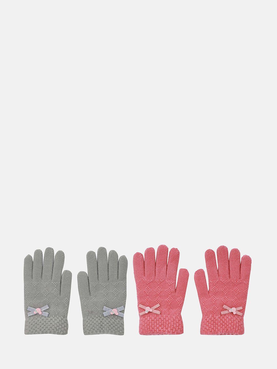 fabseasons kids pack of 2 grey & pink self-design acrylic woolen winter gloves