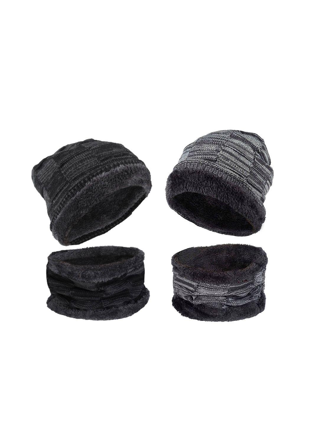 fabseasons pack of 2 unisex black & grey beanie & muffle with faux fur lining