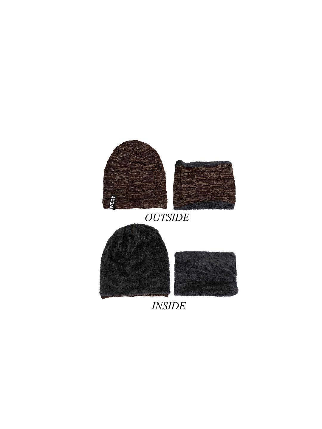 fabseasons unisex brown & grey self-design beanie & muffler