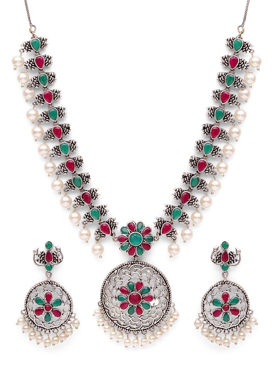 fabstreet women silver-plated multicoloured jewellery set