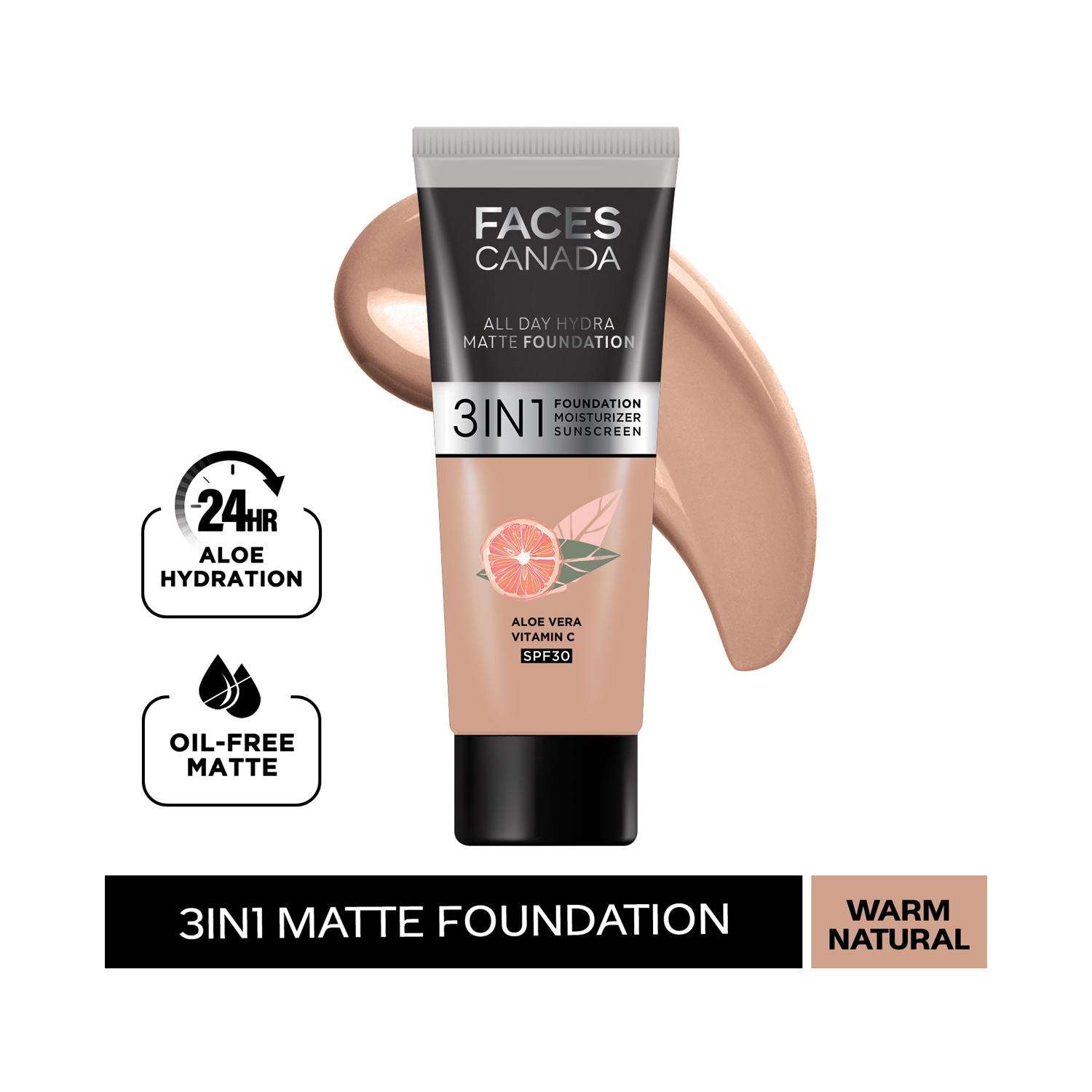 faces canada 3-in-1 all day hydra matte foundation - 021 warm natural (15ml)