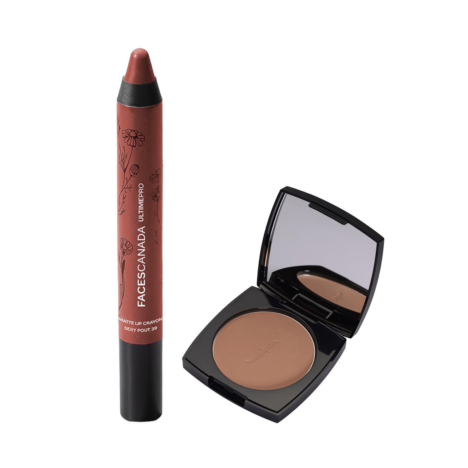 faces canada sun defense cc powder - sand (8g) and matte lip crayon - wrapped up (2.8g) combo