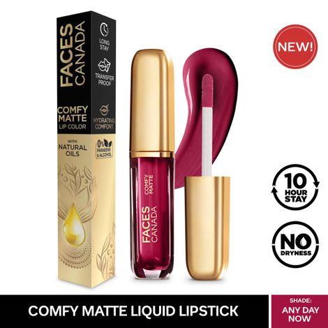 faces canada comfy matte lip color | comfortable 10 hours longstay | matte finish | almond oil & vitamin e infused | any day now 04 3ml