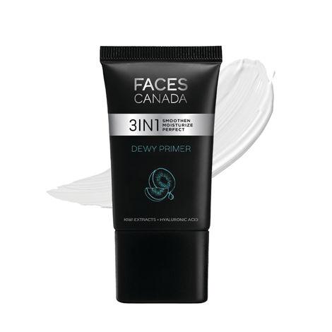 faces canada dewy primer 30g | hyaluronic acid | lightweight | nonsticky | kiwi extract | snow mushroom | vit c&e | paraben free | alcohol free | no mineral oil | vegan | cruelty free