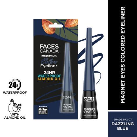 faces canada magneteyes colored eyeliner dazzling blue 03 4 ml i precise application i glossy finish i long-lasting i smudge-proof i almond extract i vitamin e i intense color payoff i mineral-oil free i cruelty-free