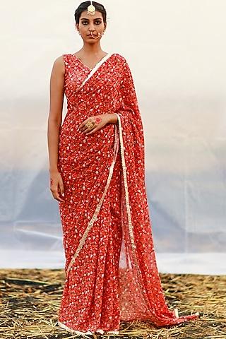 faded red georgette saree set