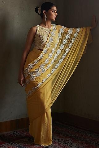 faded yellow embroidered & printed pleated saree set