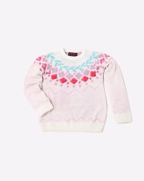 fair isle pattern sweater with pom-poms