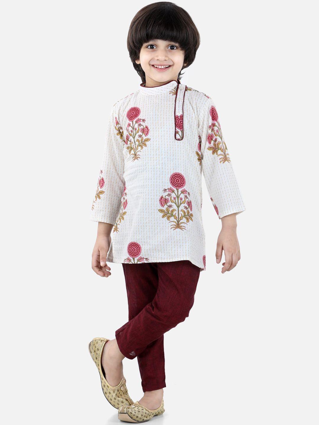 fairies forever boys off white floral block print pure cotton kurta with trousers
