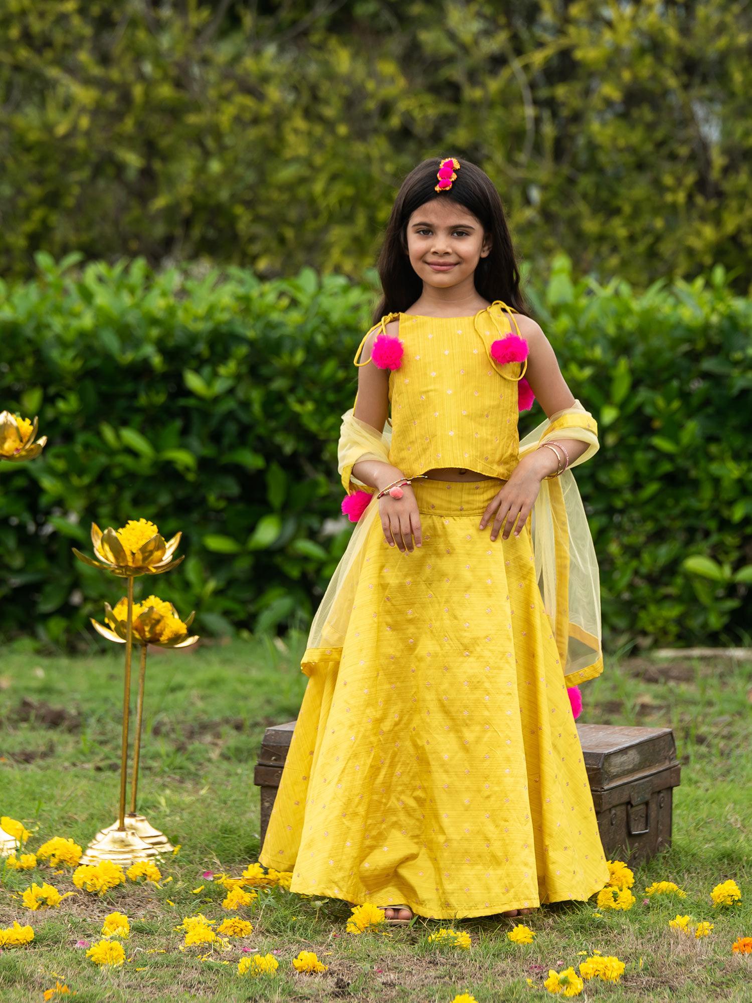 fairiesforever yellow embroidered lehenga and choli with dupatta (set of 3)