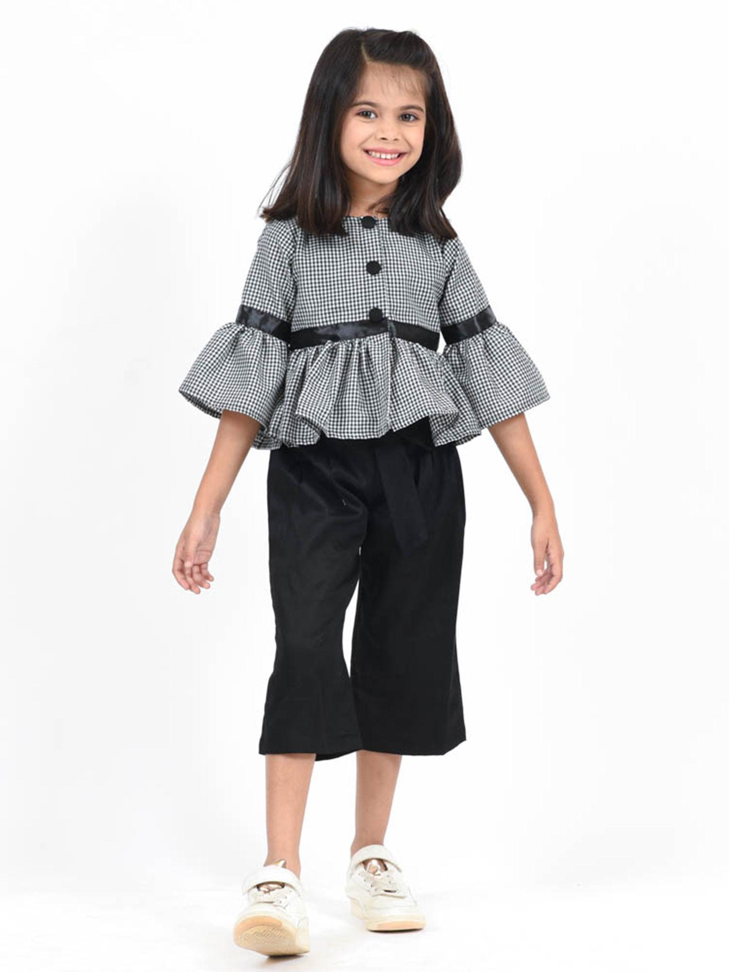 fairiesforever black checks peplum top with paper bag pant (set of 2)