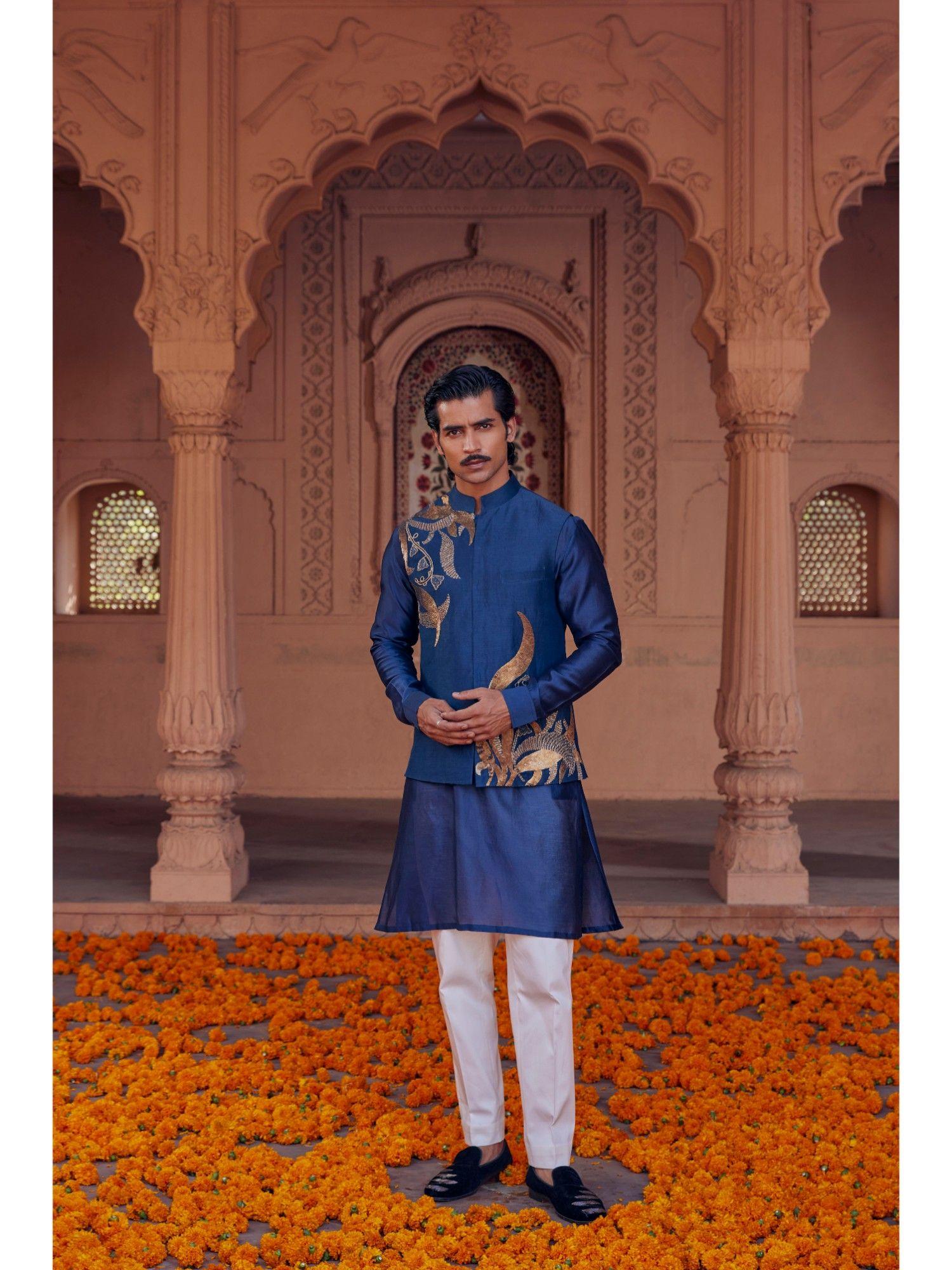 faiz elegant chanderi kurta and pant with embroidered nehru jacket (set of 3)