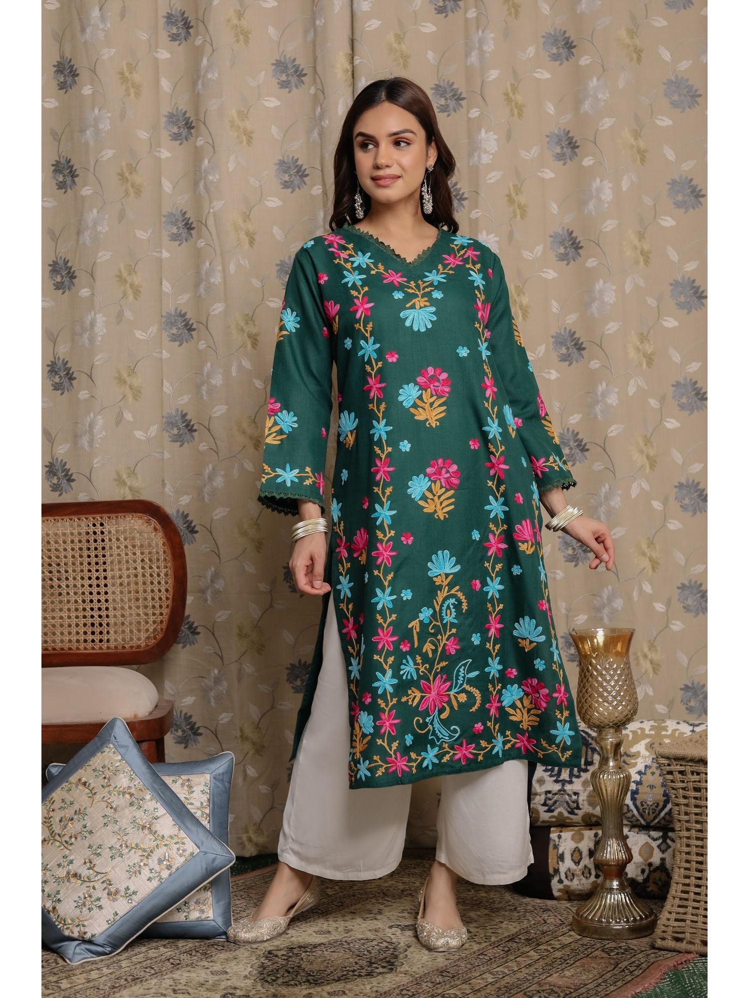 falak kashmiri long kurta - green