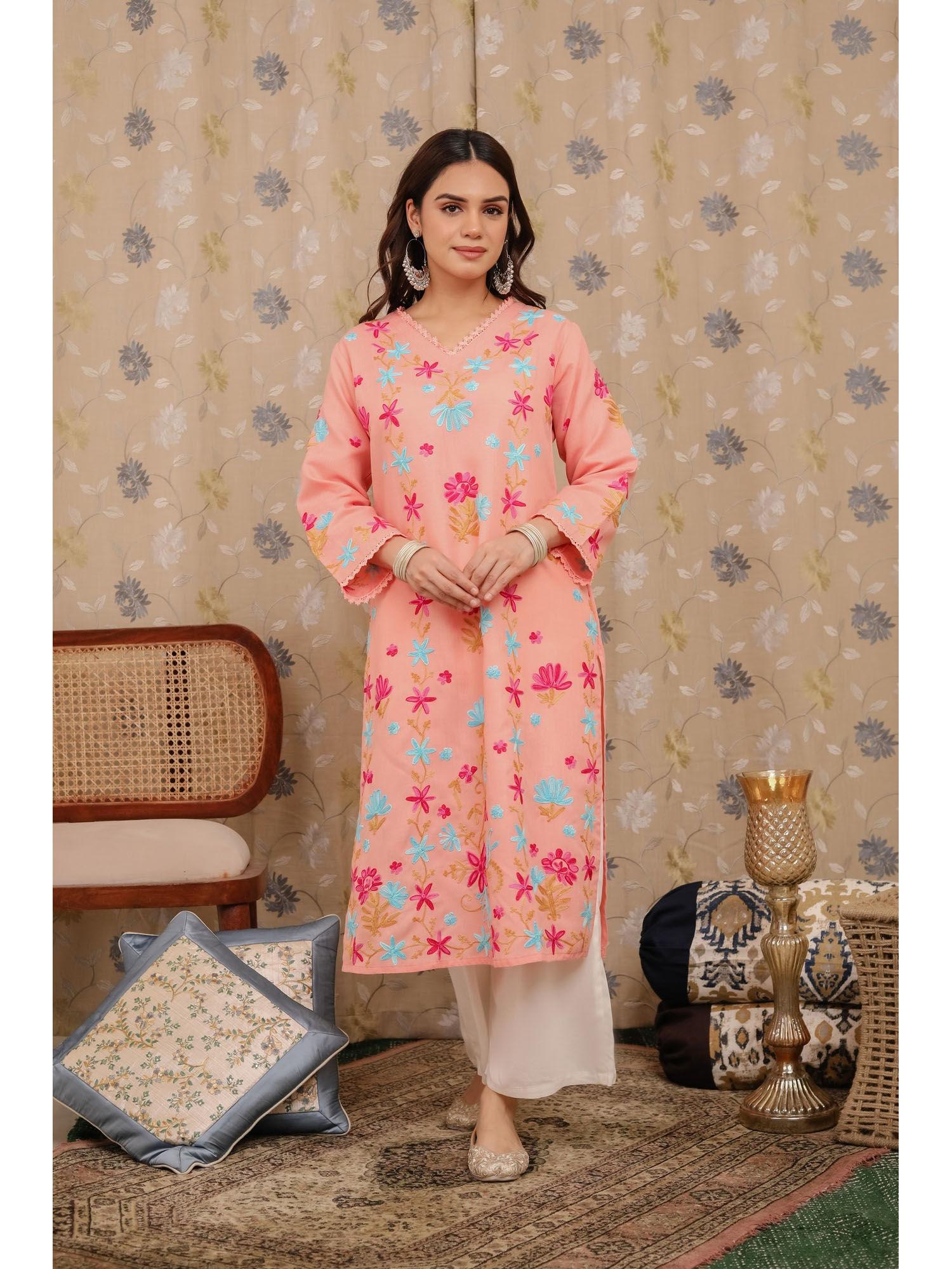 falak kashmiri long kurta - peach