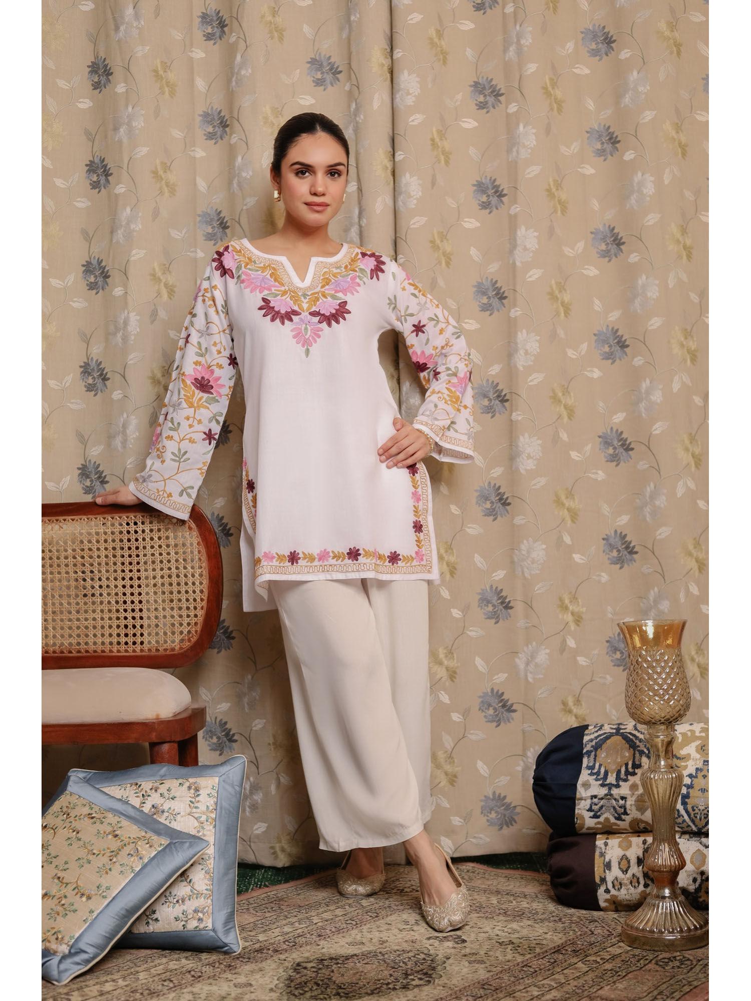 falak kashmiri short kurta - white