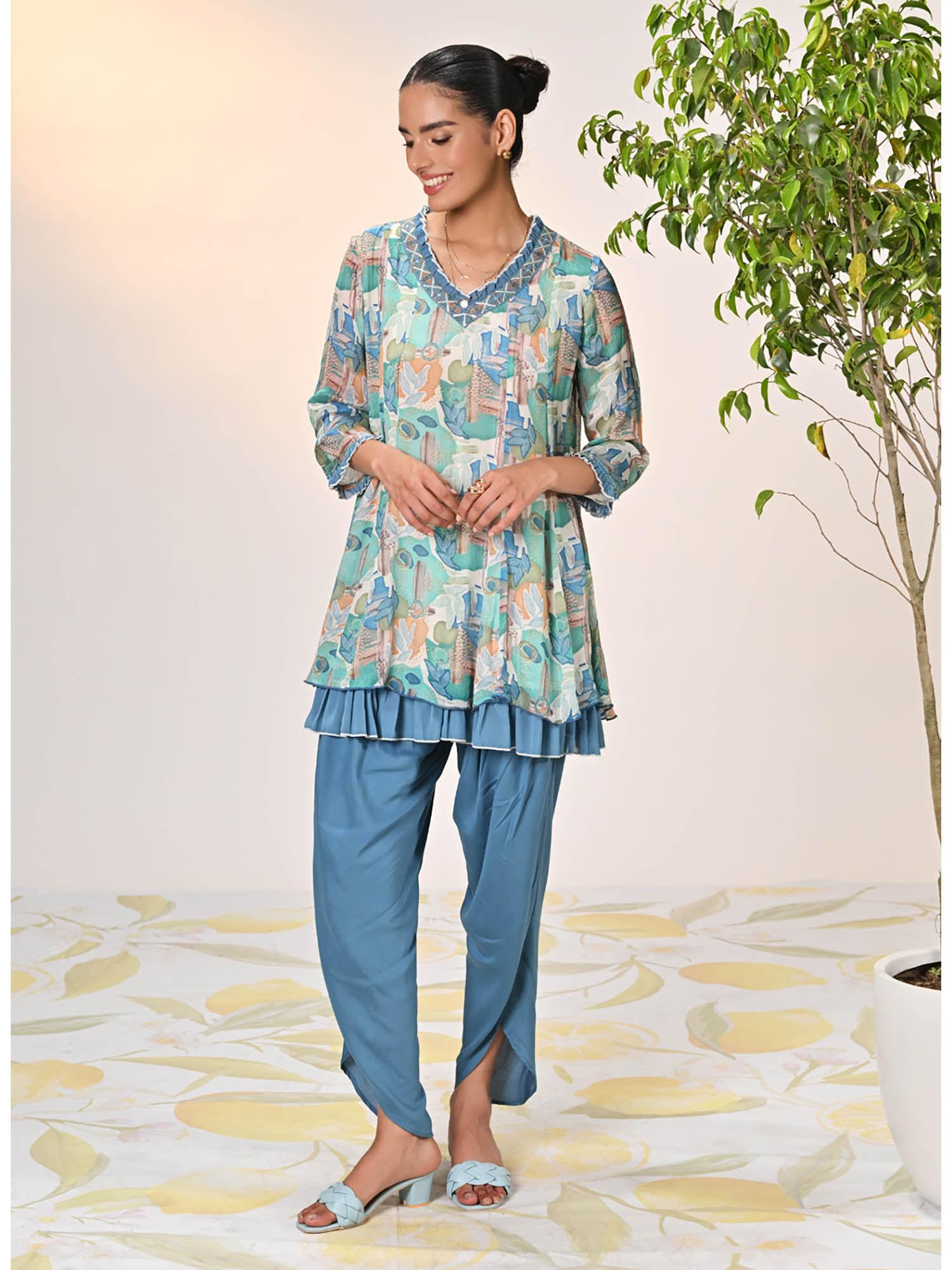 falak multicoloured blue printed chiffon tunic with dhoti for women (set of 2)