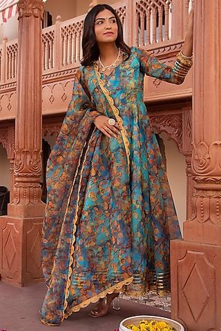 fall blue organza printed anarkali set