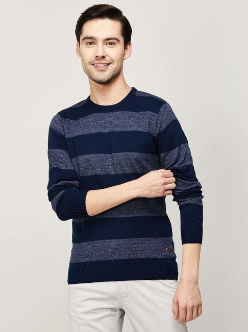 fame forever by lifestyle blue & grey cotton regular fit striped sweater