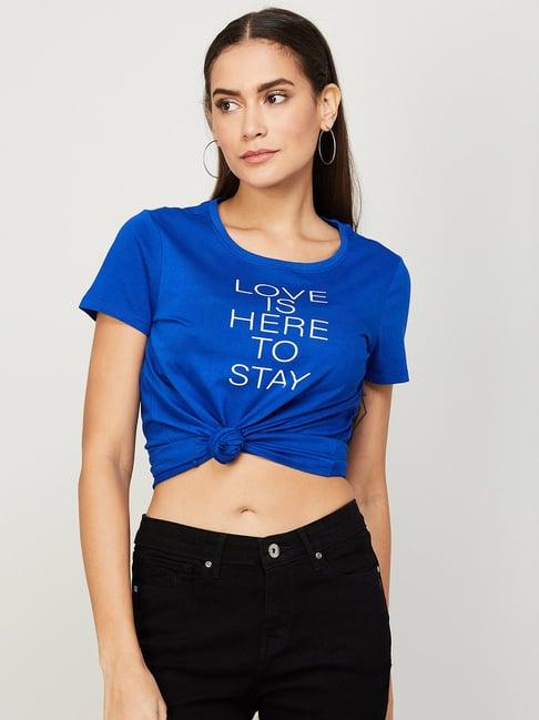 fame forever by lifestyle blue cotton graphic print crop top