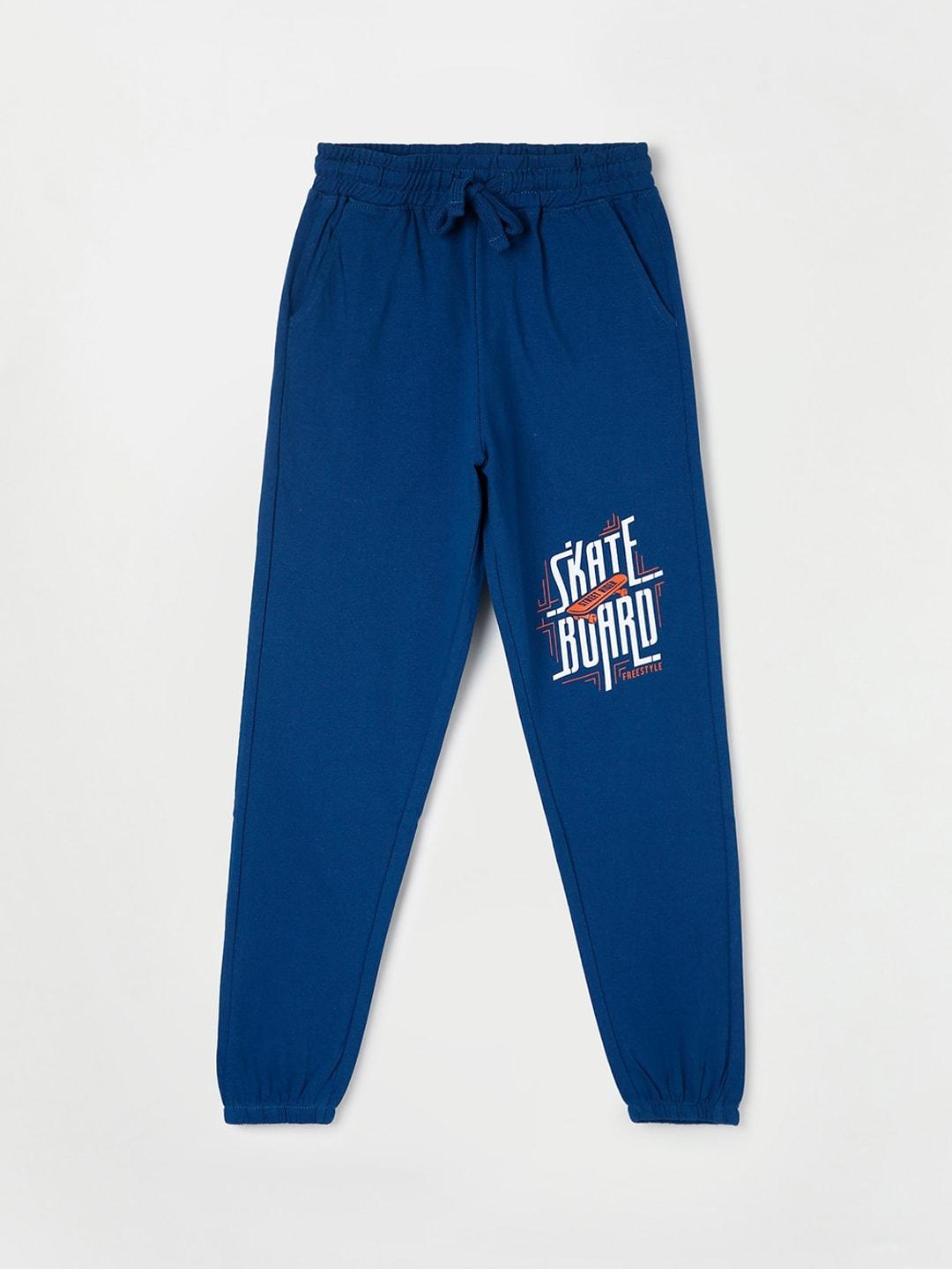 fame forever by lifestyle boys blue graphic printed cotton track pants
