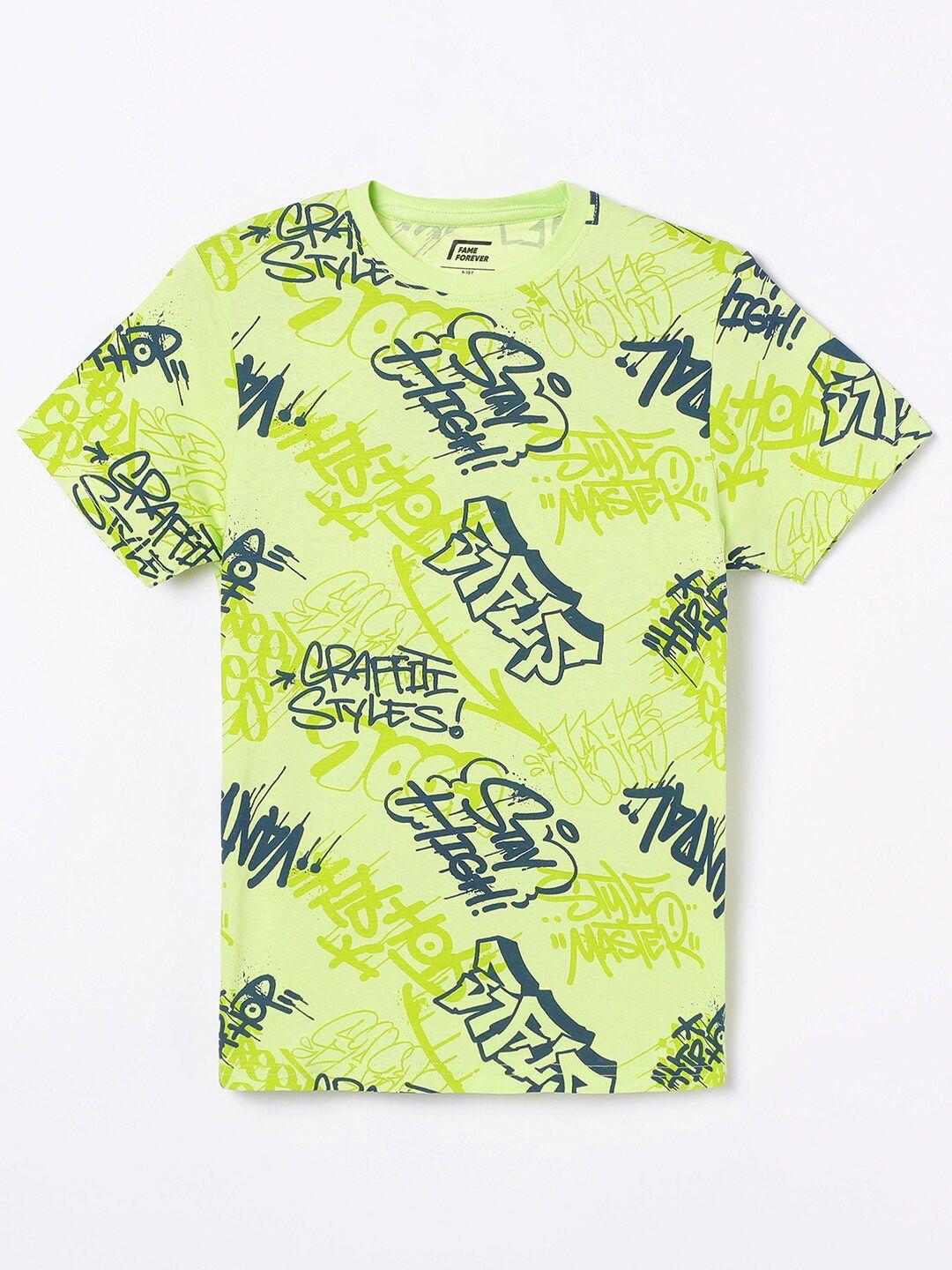 fame forever by lifestyle boys green printed tropical pure cotton t-shirt
