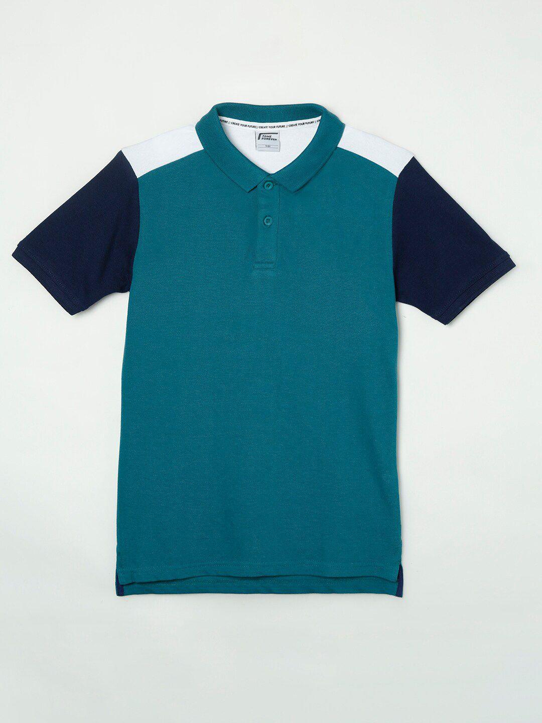 fame forever by lifestyle boys teal & white colourblocked polo collar cotton t-shirt