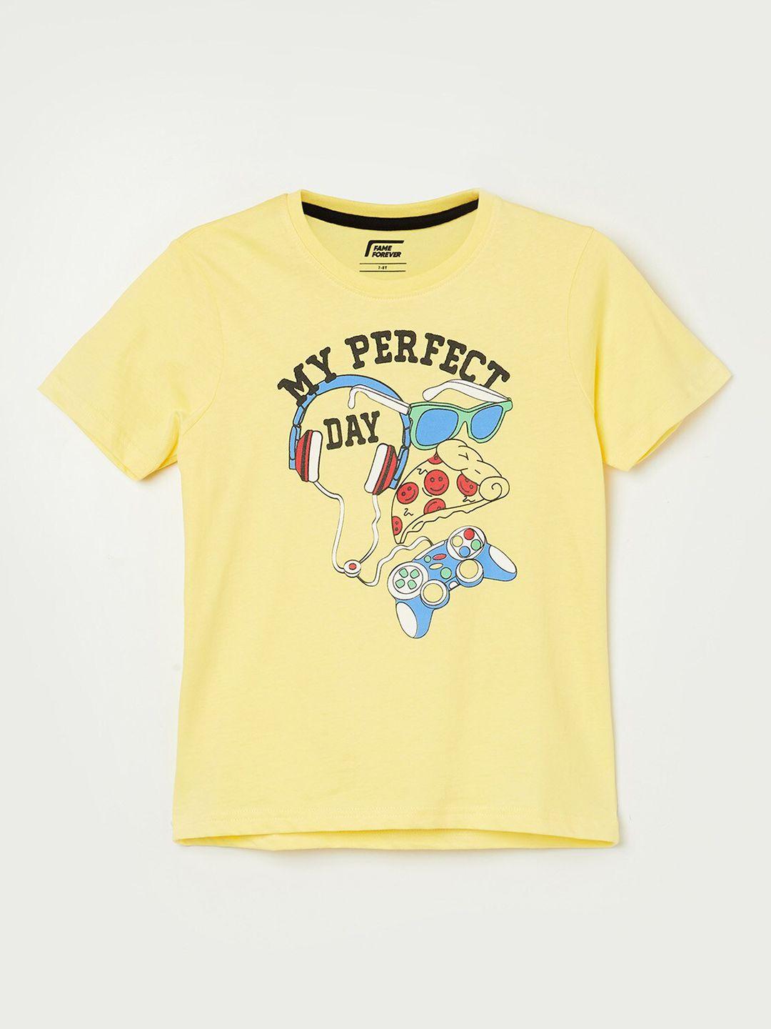 fame forever by lifestyle boys yellow printed applique t-shirt