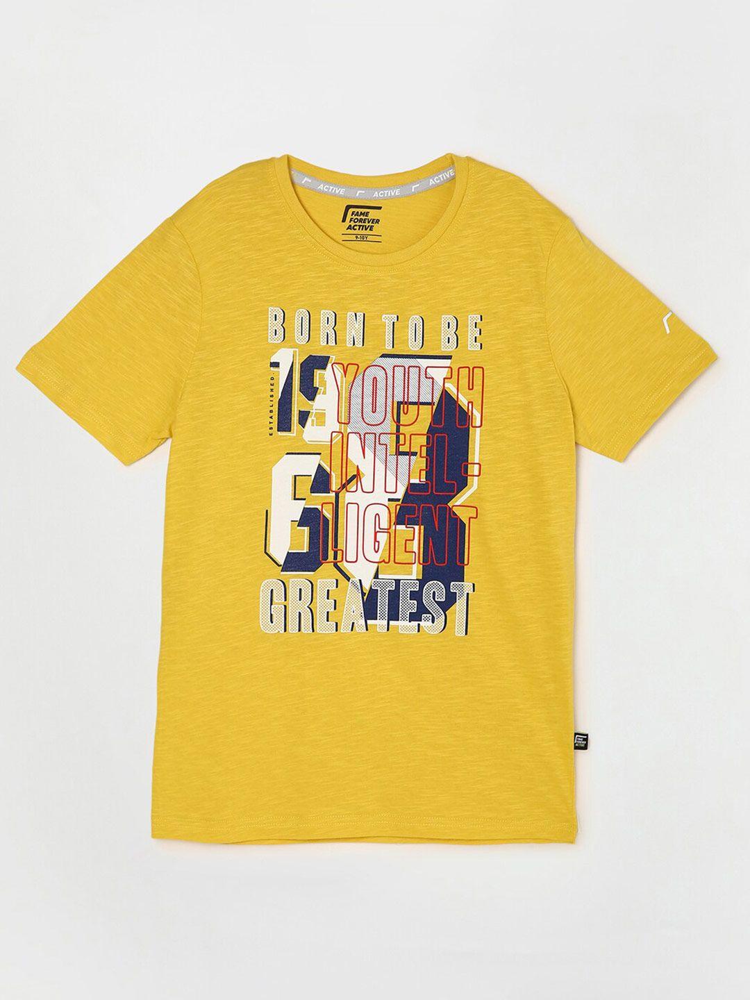 fame forever by lifestyle boys yellow typography printed cotton t-shirt