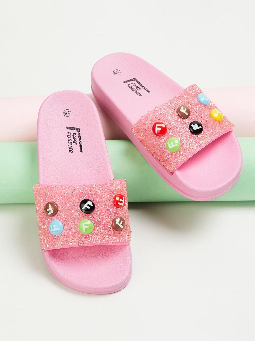 fame forever by lifestyle girls pink & yellow embellished rubber sliders