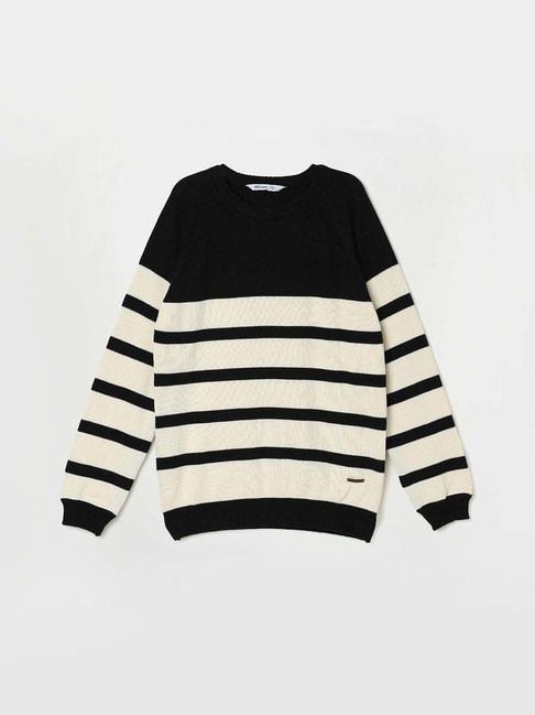 fame forever by lifestyle kids white & black cotton striped full sleeves sweater