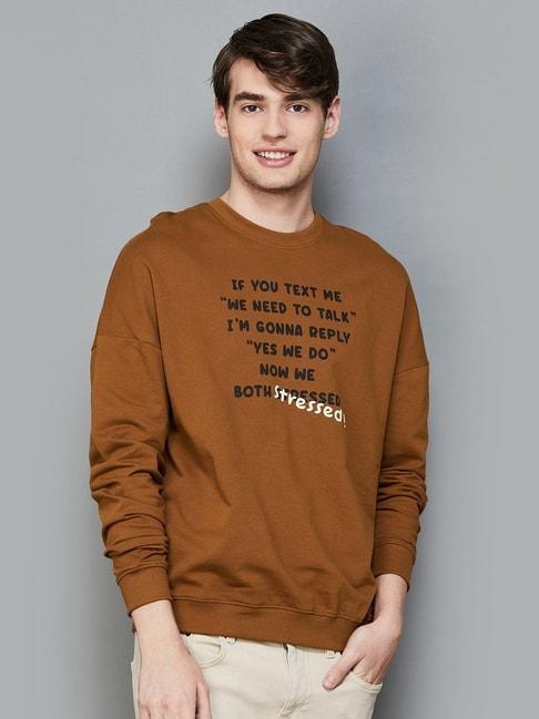 fame forever by lifestyle light brown cotton regular fit printed sweatshirt