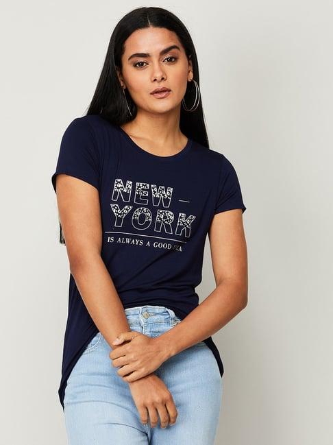 fame forever by lifestyle navy cotton printed top