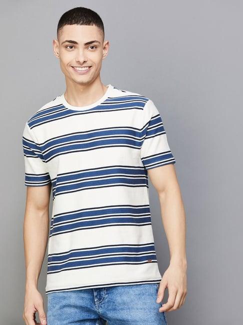 fame forever by lifestyle off white & blue cotton regular fit striped t-shirt