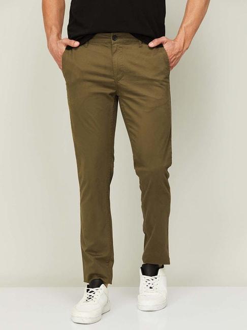 fame forever by lifestyle olive green tapered fit trousers