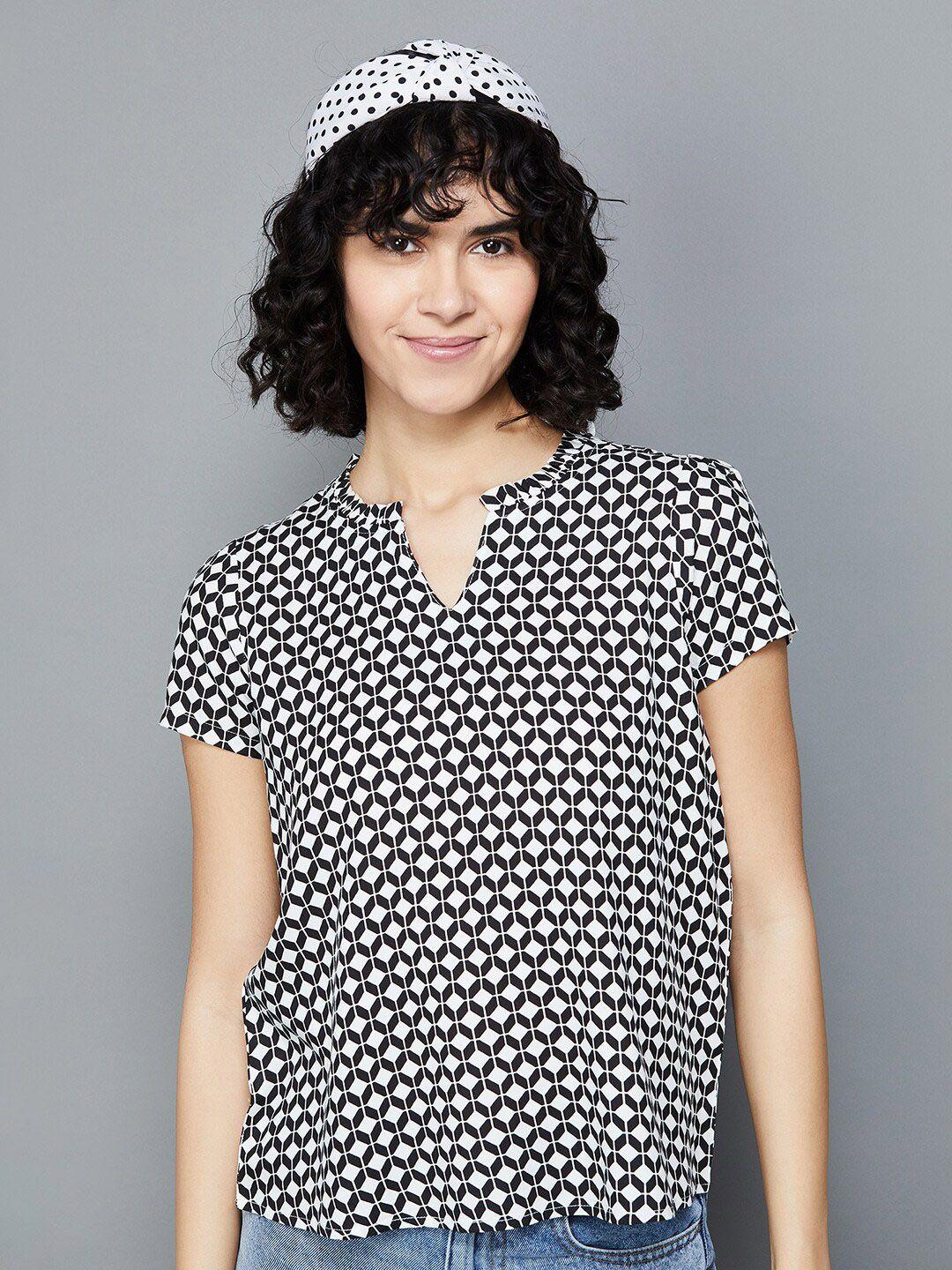fame forever by lifestyle polka dots printed mandarin collar puffed sleeves top