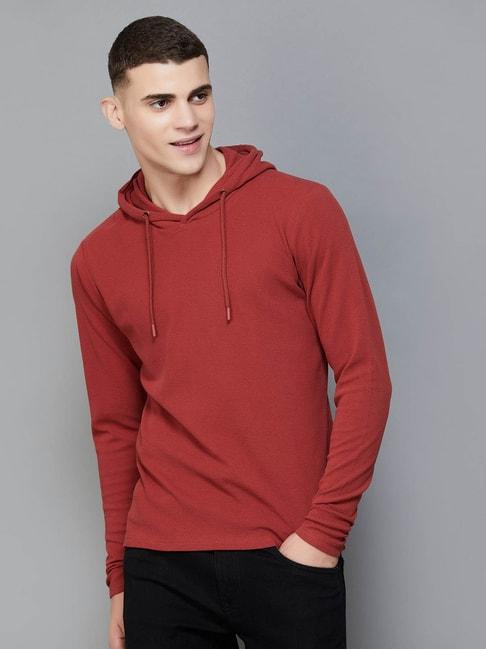 fame forever by lifestyle rust cotton regular fit hooded t-shirt
