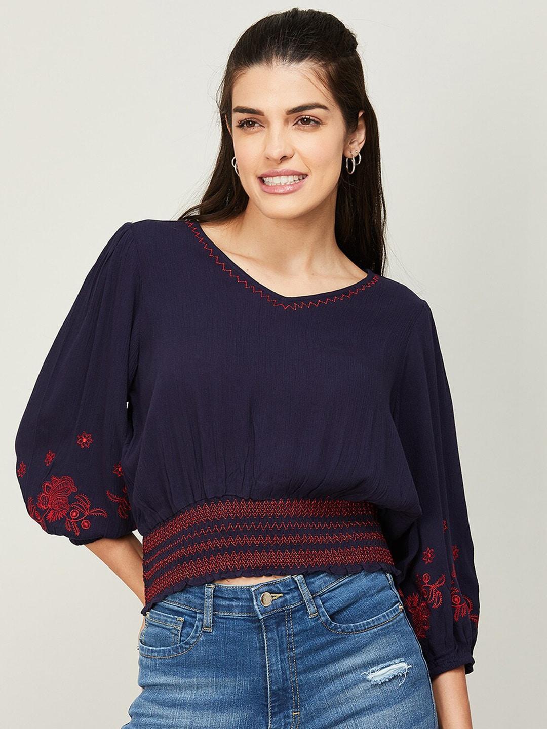 fame forever by lifestyle women navy blue & maroon embroidered blouson crop top
