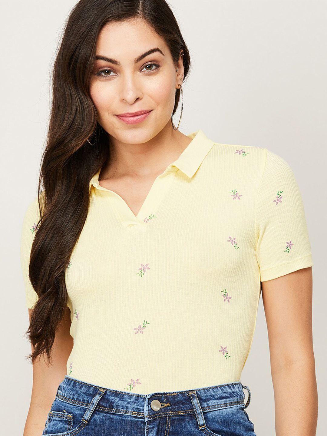fame forever by lifestyle women yellow floral printed v-neck pure cotton t-shirt