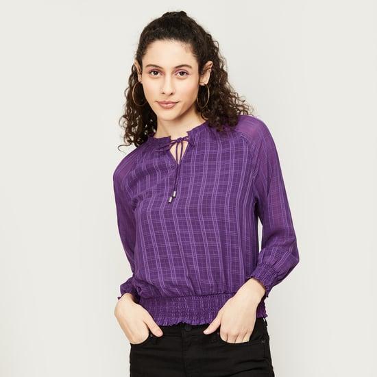 fame forever women checked tie-up neck casual top