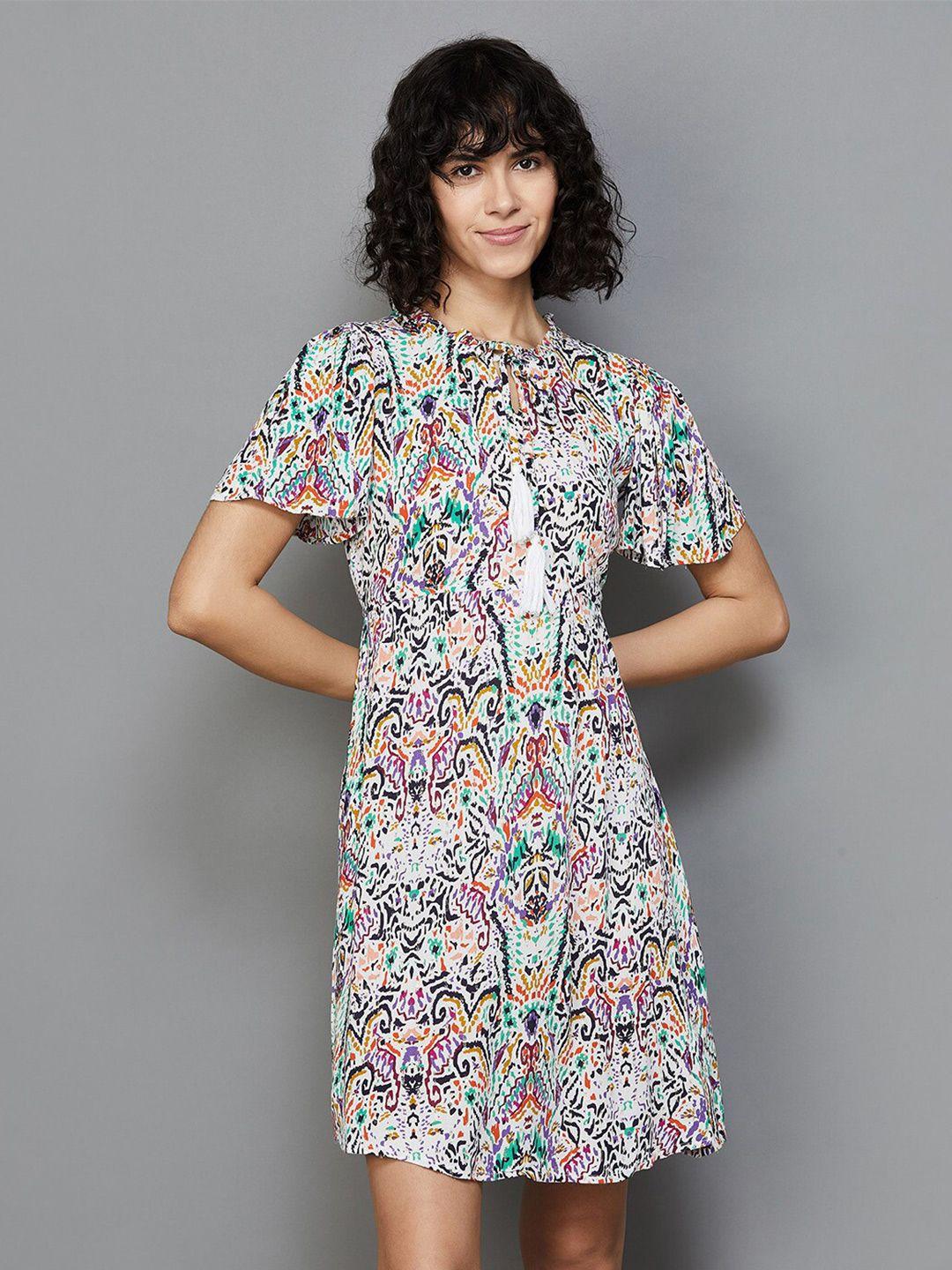 fame forever by lifestyle abstract printed keyhole neck flutter sleeve a-line dress