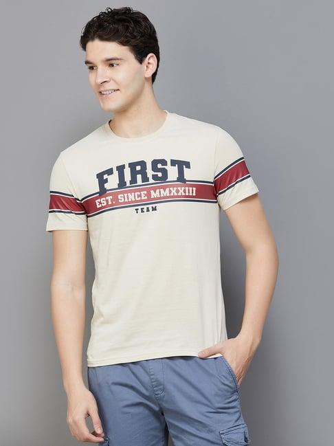 fame forever by lifestyle beige cotton regular fit printed t-shirt
