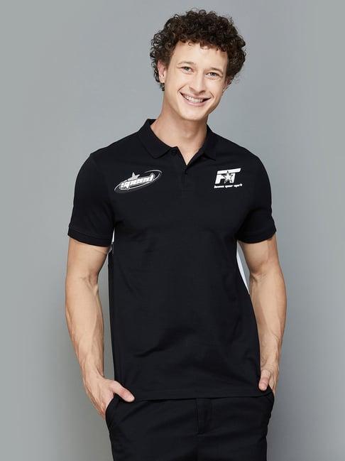 fame forever by lifestyle black regular fit printed polo t-shirt