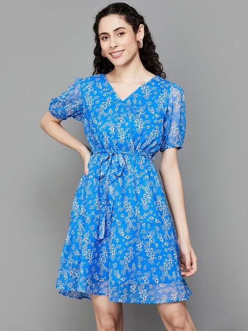 fame forever by lifestyle blue floral print blouson dress