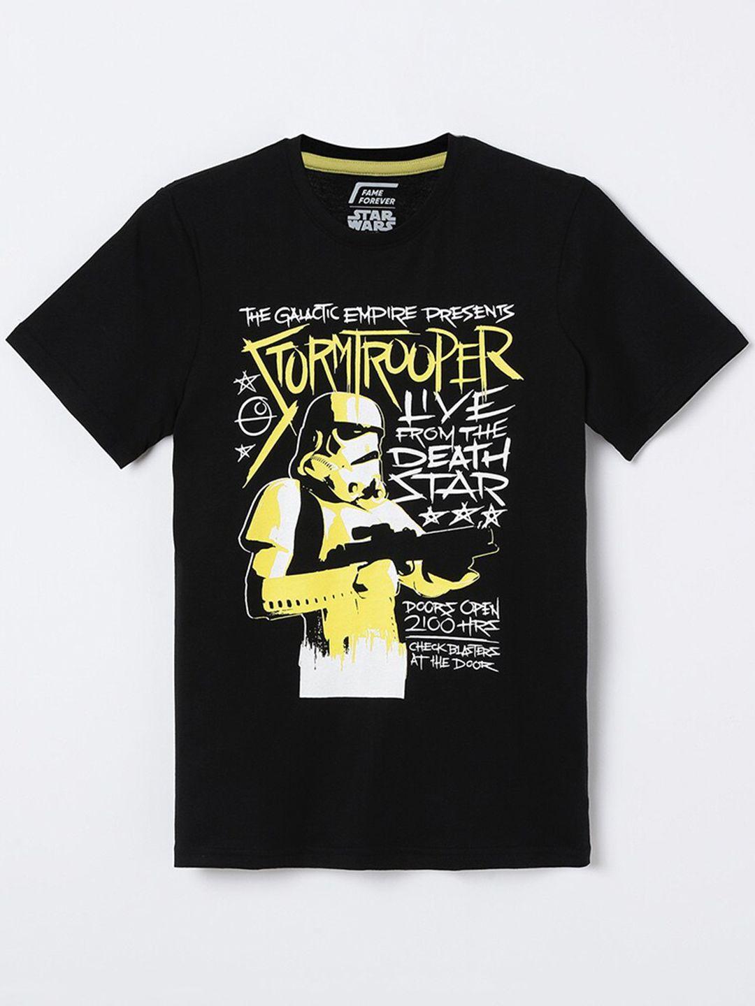 fame forever by lifestyle boys black & yellow typography printed pure cotton t-shirt