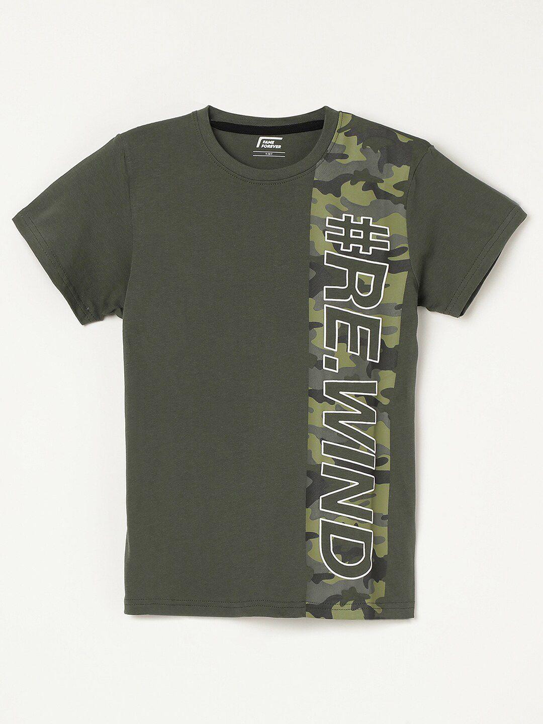 fame forever by lifestyle boys camouflage & typography printed pure cotton t-shirt