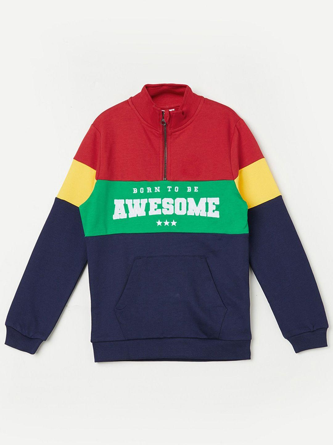 fame forever by lifestyle boys colourblocked mock collar pure cotton sweatshirt