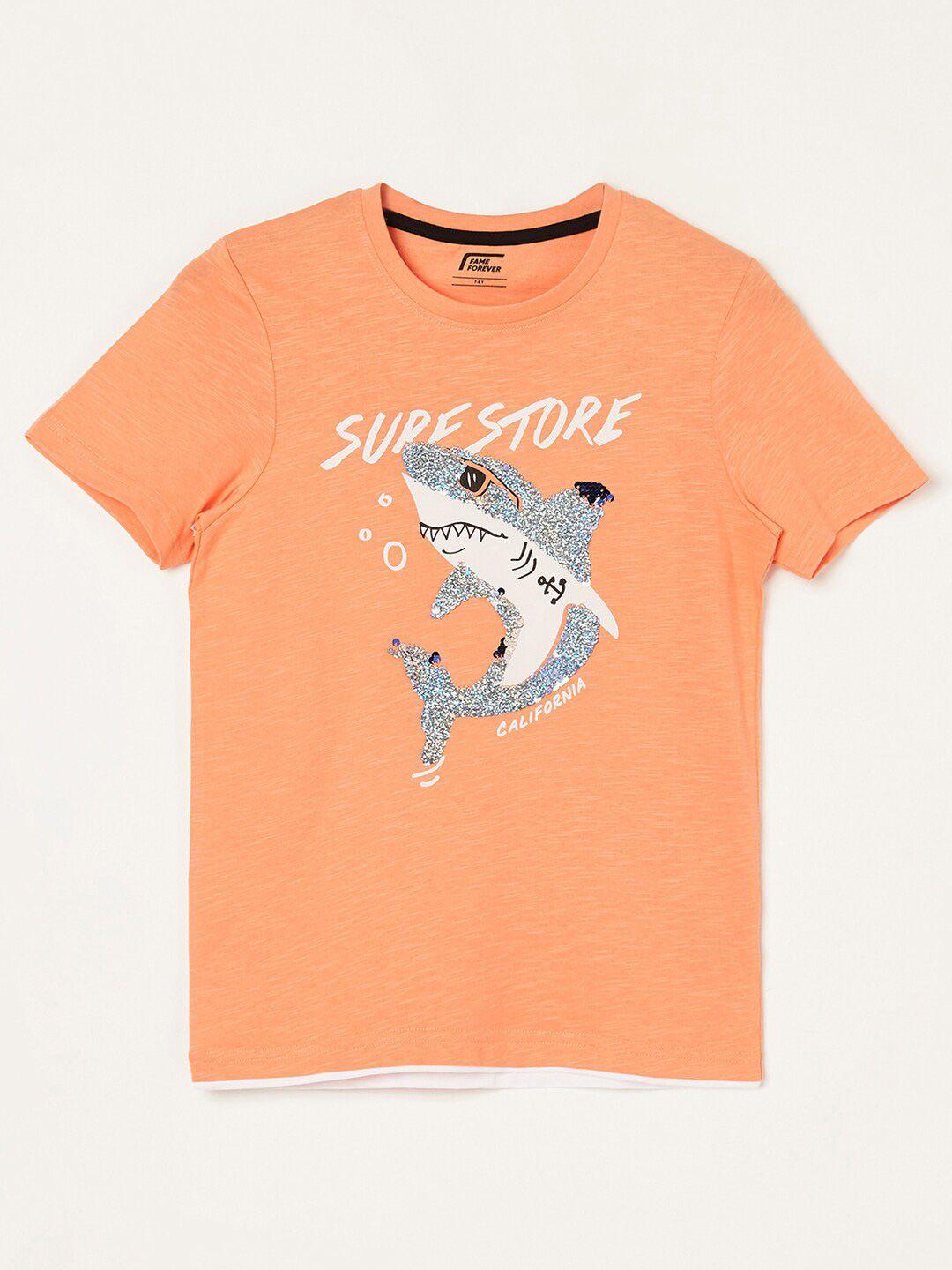fame forever by lifestyle boys coral printed pure cotton applique t-shirt