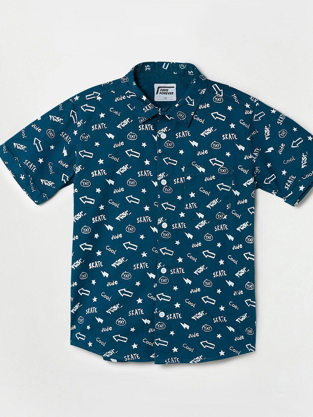 fame forever by lifestyle boys cotton teal printed casual shirt