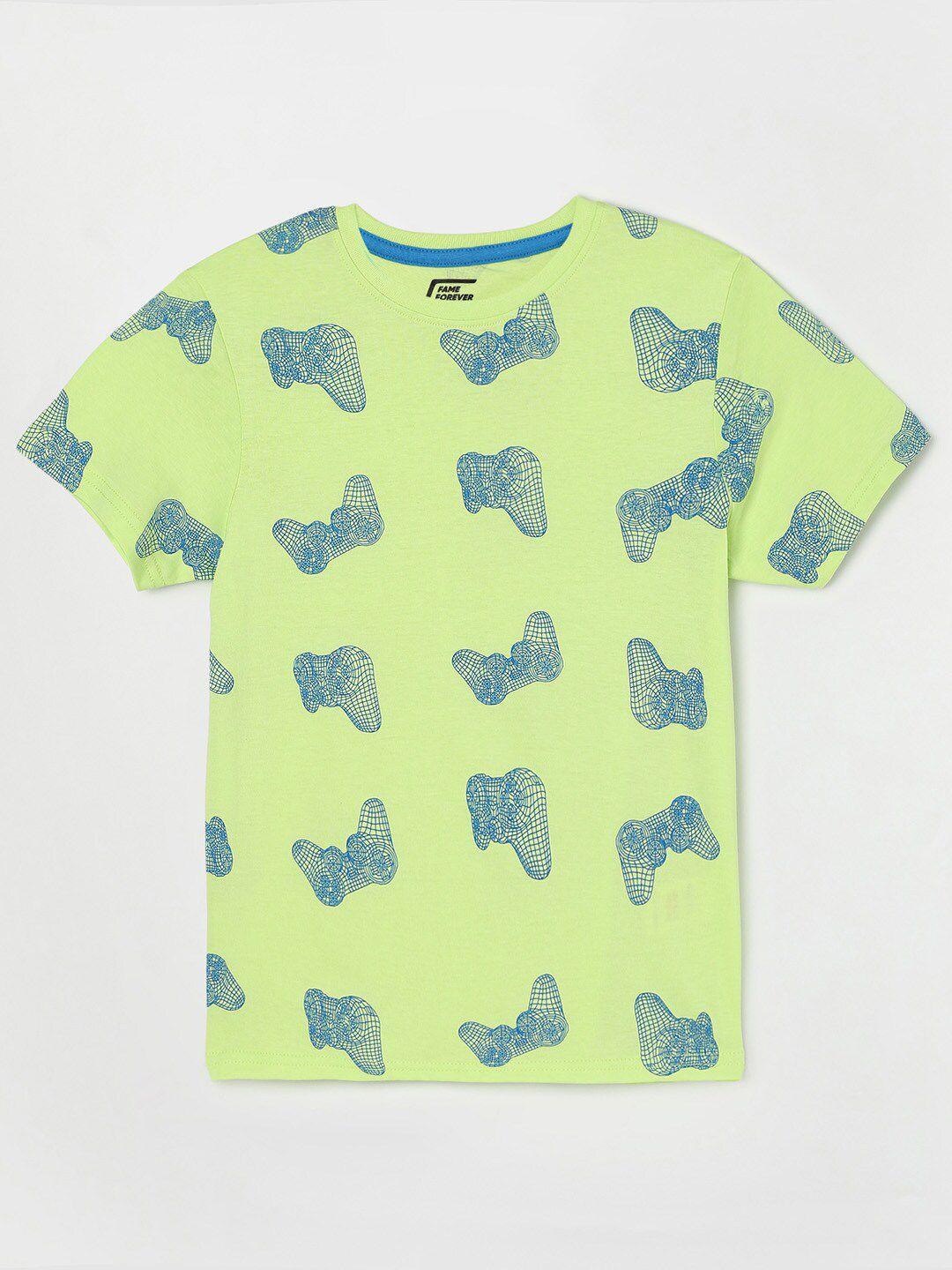 fame forever by lifestyle boys green printed cotton t-shirt