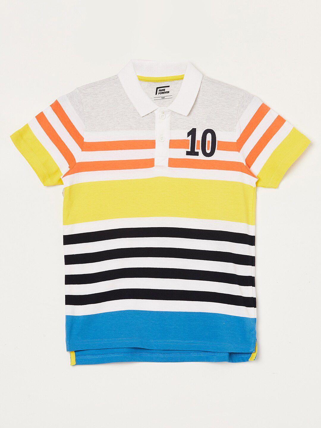 fame forever by lifestyle boys multicoloured striped polo collar pure cotton applique t-shirt
